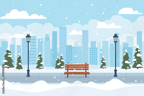 Winter city park with snow-covered fir trees, snowdrifts, and city skylines. A bench in a beautiful winter city park. A cozy park. Winter Christmas vector illustration.
