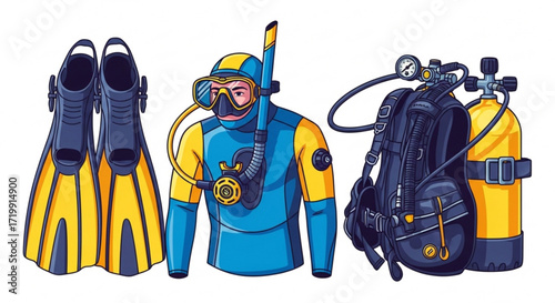 Scuba diving equipment set, including diver in wetsuit, oxygen tank, mask, fins, and regulator, perfect for underwater adventure