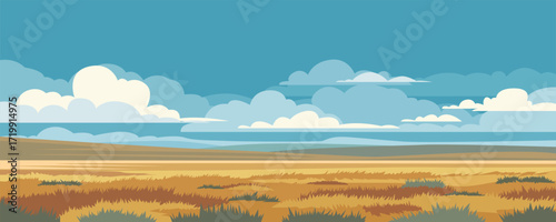 Landscape with beautiful steppe fields, hills, and a blue sky with clouds. Vector illustration of steppe nature. Meadows with yellow grass. Yellow fields.