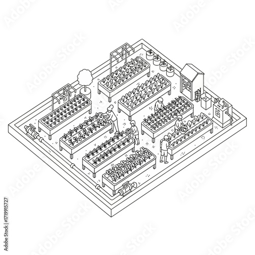 Isometric illustration of a community garden with people tending to various raised beds, cultivating plants.