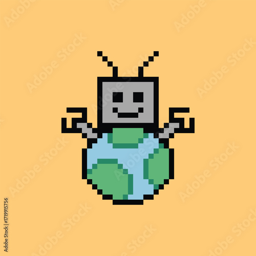 Cute pixel art cartoon robot or AI learn or learning skill with for education calculate chat bot robot vector character technology background 8 bit.