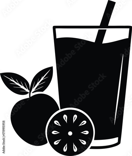 Refreshing iced tea with peach slices and mint leaves silhouette vector illustration