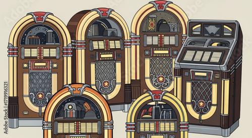 A collection of vintage jukeboxes in various styles and colors, showcasing the iconic design of these retro music players