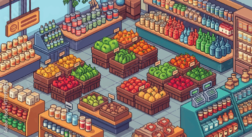 Explore this vibrant pixel art grocery store filled with fresh produce, bottled goods, and canned items, a nostalgic scene for retro gaming or design projects