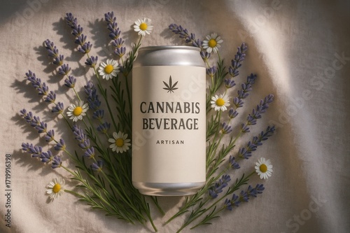 An artisan cannabis beverage can with lavender and chamomile flowers.