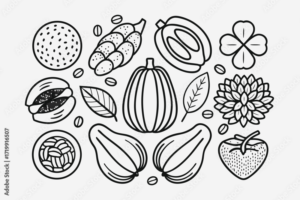 Fototapeta premium Black and White Doodle Art of Food and Nature Elements