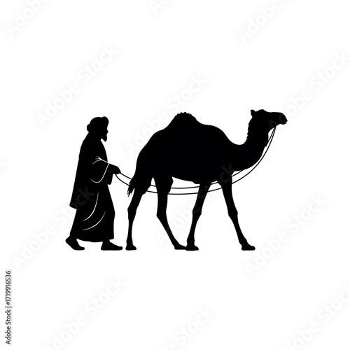 Man leading camel silhouette isolated on white background