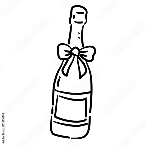 Bottle of champagne with ribbon Line Art Illustration for Bachelorette Party Celebration Festive Drink Outline Drawing for Invitations Greeting Cards and Party Decor