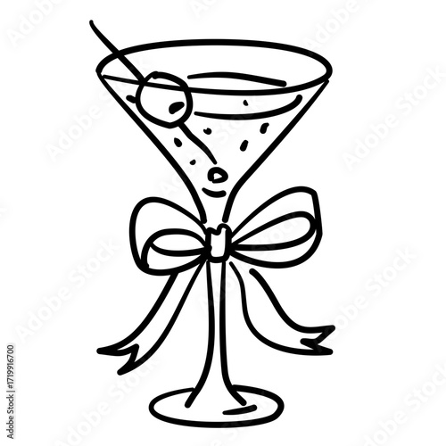 A martini glass with olive with ribbon Elegant Line Art Illustration for Bachelorette Party Celebration Festive Drink Outline Drawing for Invitations Greeting Cards and Party Decor