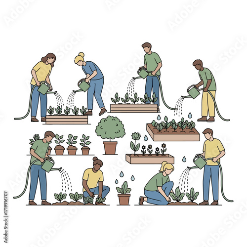 Diverse group of people watering plants in various garden beds, cultivating greenery.