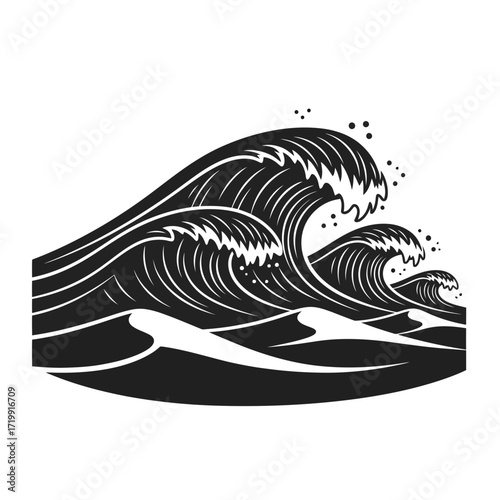 Stylized ocean waves in black silhouette isolated on white background