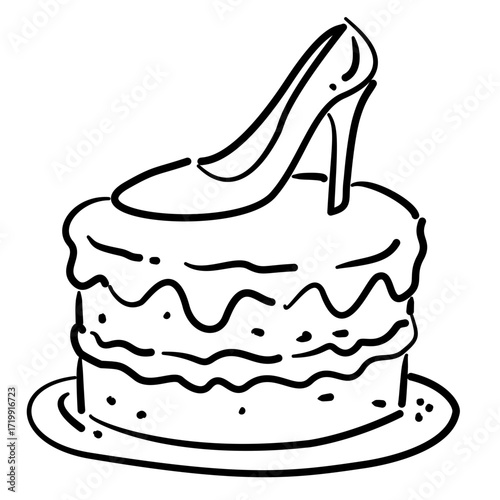 A high heel shoe on the cake Elegant Line Art Illustration for Bachelorette Party Celebration Festive Drink Outline Drawing for Invitations Greeting Cards and Party Decor