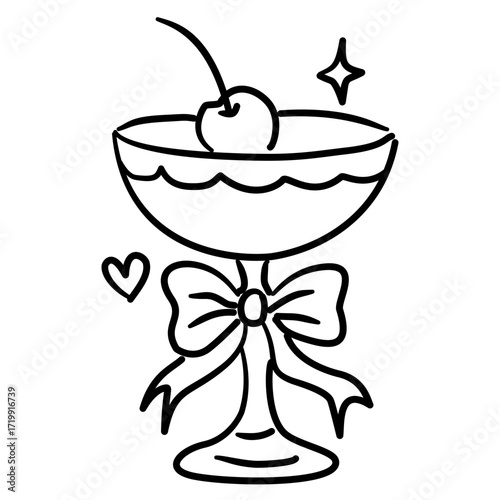 A cocktail glass with ribbon and cherry Elegant Line Art Illustration for Bachelorette Party Celebration Festive Drink Outline Drawing for Invitations Greeting Cards and Party Decor