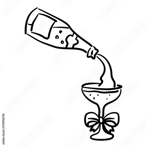 Champagne Pouring into a Cocktail Glass with Ribbon Elegant Line Art Illustration for Bachelorette Party Celebration Festive Drink Outline Drawing for Invitations Greeting Cards and Party Decor