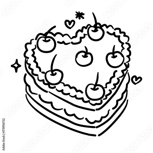 Heart shaped cake with cherries on top Line Art Illustration for Bachelorette Party Celebration Festive Drink Outline Drawing for Invitations Greeting Cards and Party Decor