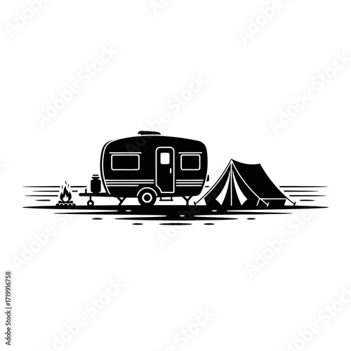 Camping scene with trailer tent and campfire silhouette isolated on white background