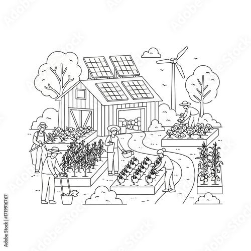 Sustainable farming scene with solar panels and wind turbine, featuring people working in raised garden beds.