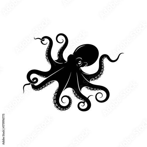 Black octopus silhouette with eight tentacles isolated on white background