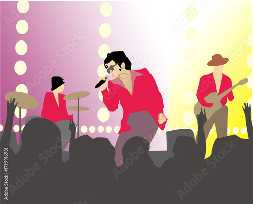 Colorful vector illustration of a live music concert with a singer, guitarist, drummer, and cheering audience