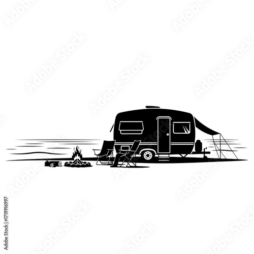 Camping scene with caravan and campfire silhouette isolated on white background
