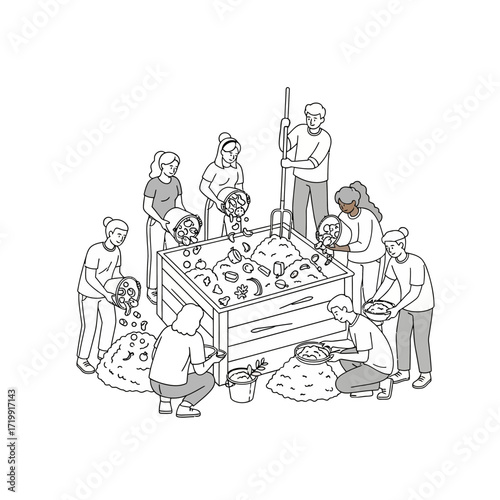 A group of people are composting together, adding organic waste to a wooden compost bin, some using buckets and shovels, in a collaborative environmental effort.