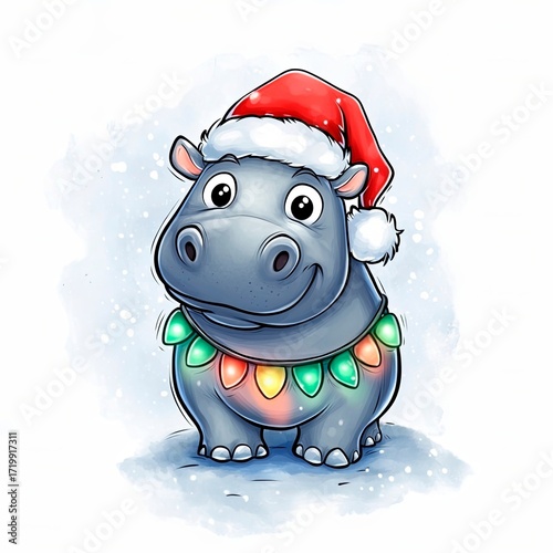 A cute cartoon hippo wearing a Santa hat and a garland of Christmas lights on a snowy background