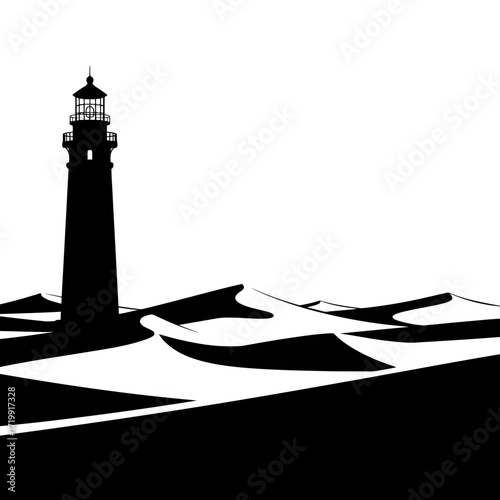 Lighthouse silhouette in desert dunes isolated on white background silhouette