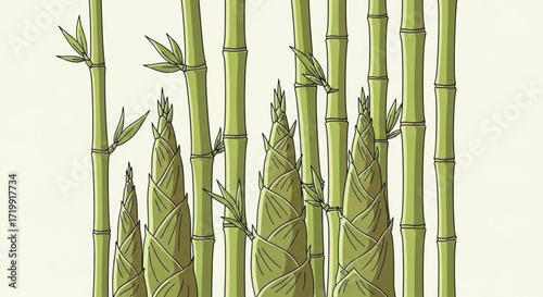 Illustration of bamboo shoots and stalks, showcasing the plants growth stages and its natural, sustainable qualities
