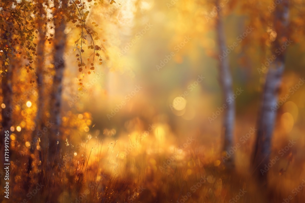 Obraz premium Blurred autumn nature landscape background, serene autumn meadow with birch trees and falling leaves in soft golden sunlight