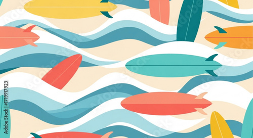 Seamless pattern with surfboards and waves, perfect for summer designs, beach themes, and vibrant backgrounds ideal for textiles and wallpapers