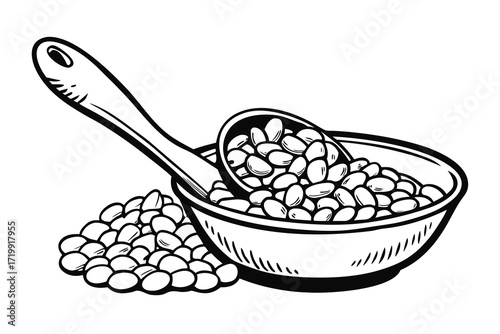 Black and white illustration of a bowl and spoon filled with beans