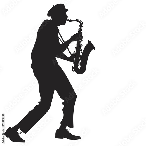 Street musician playing saxophone silhouette