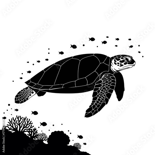 Sea turtle swimming with fish and coral silhouette isolated on white background