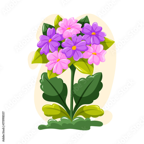 Cartoon vector flowers in pink and purple shades with green leaves. Perfect for floral design, nature and garden decoration.