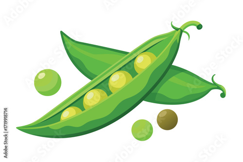 Two overlapping pea pods with yellow and green peas on a white background