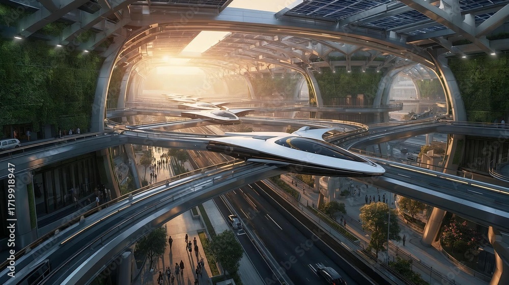 Obraz premium Sustainable Futuristic Transportation Center with Pedestrian-Friendly Design AI generated colors