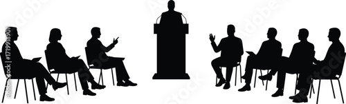 Silhouette vector illustration of audience listening to speaker at podium in conference, meeting, or seminar, perfect for business communication concepts