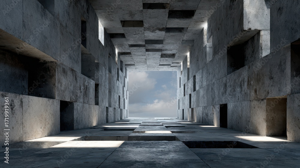 Obraz premium Futuristic Concrete Corridor with Cubed Walls and Sky View abstract tunnel