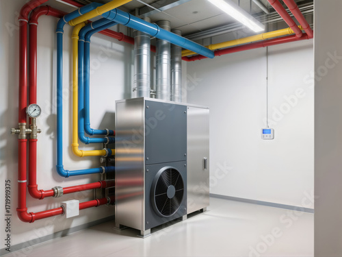 A modern HVAC system with colorful pipes in a building's utility room.