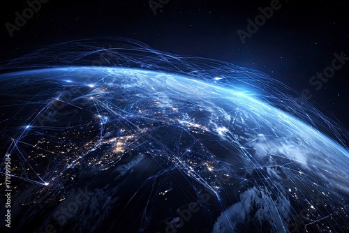 Earth From Space with Network Connections Illuminating Continents in Night Sky