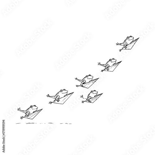 Frog paper boat race adventure illustration black and white amphibian drawing cute cartoon animal vector art 100