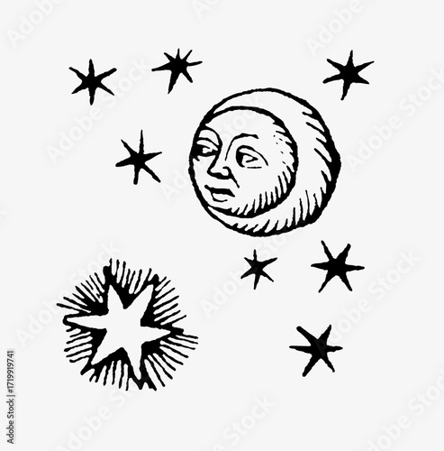A cheerful hand-drawn lune and stars with a smiling face, radiating warmth and joy in a black-and-white celestial mystic style, perfect for cosmic art