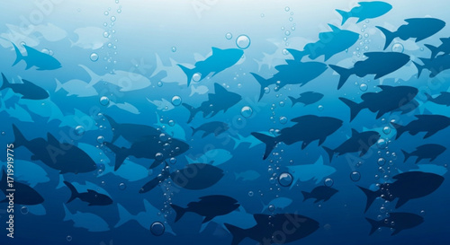 A mesmerizing school of fish swimming in the deep blue ocean, creating a sense of tranquility, mystery, and the beauty of marine life in its natural habitat