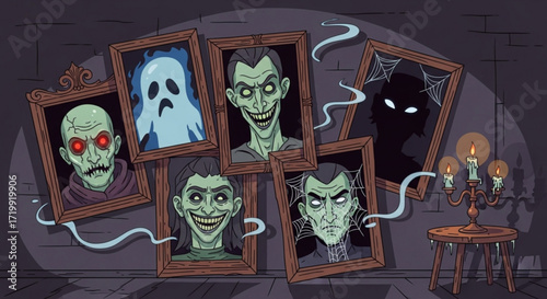 A spooky cartoon illustration of haunted portraits on a wall, featuring various ghoulish figures and eerie elements, creating a chilling and mysterious atmosphere