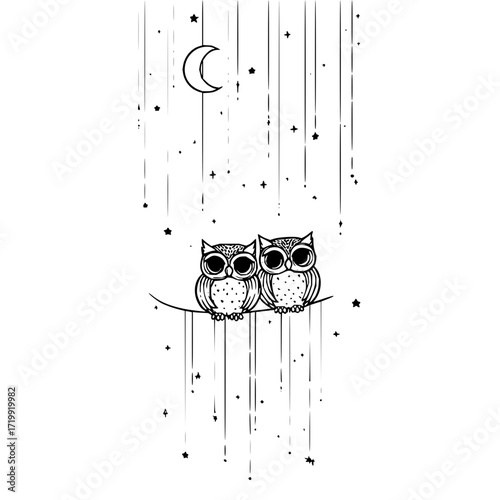 Owls moon stars night sky illustration vector drawing owl art nocturnal birds celestial dreamy magical design