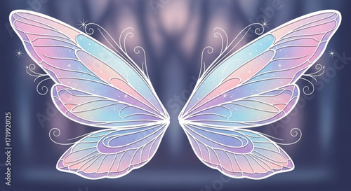 Pastel fairy wings illustration on a dreamy blue background, perfect for adding a touch of magic and whimsy to your creative projects and designs