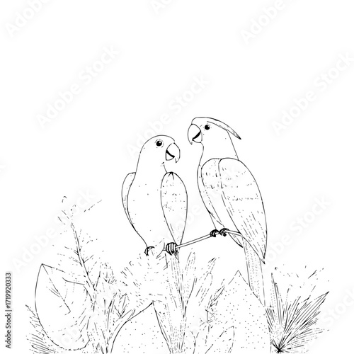 Two parrots birds tropical wildlife nature animal illustration drawing sketch art avian exotic perching branch