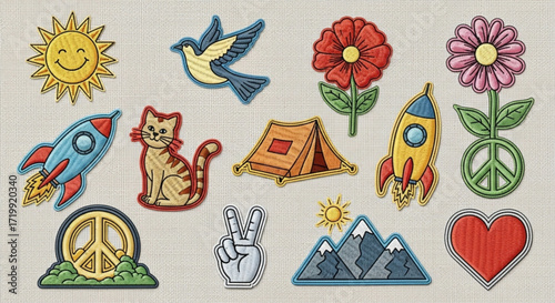 Collection of retro hippie patches featuring peace symbols, flowers, animals, and space elements, perfect for adding vintage flair