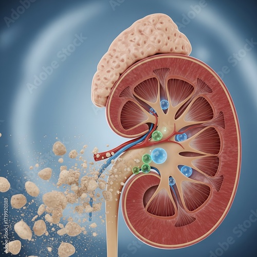 Cross section of human kidney showing kidney stones forming and exiting the urinary tract