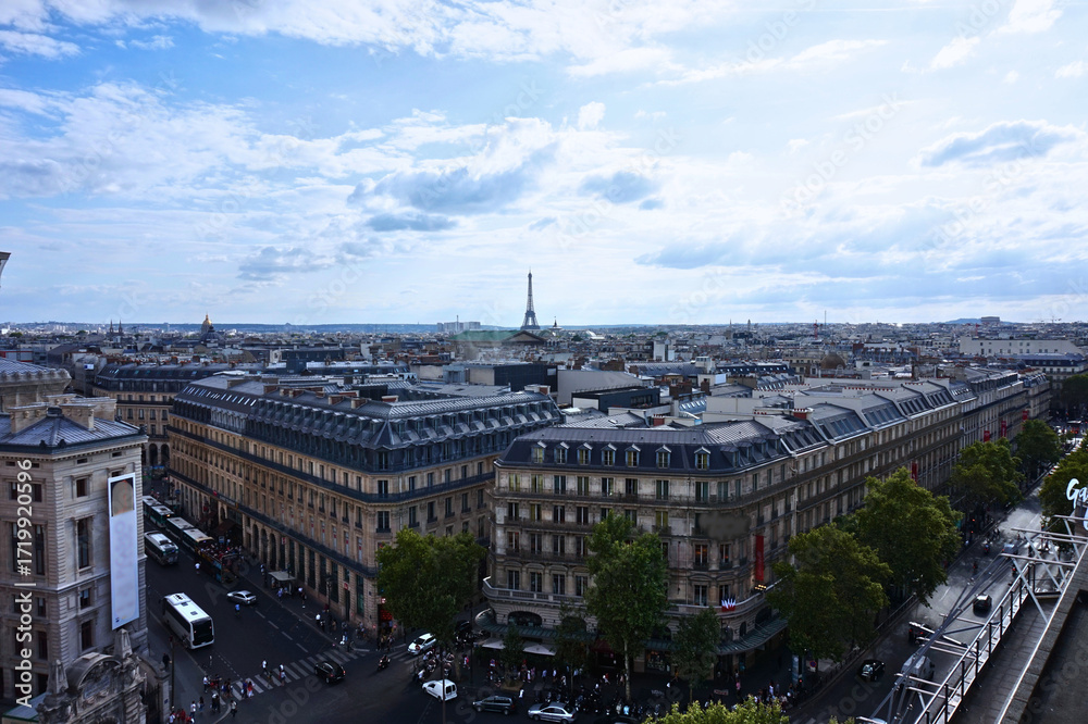Naklejka premium Romantic Rooftop View of Paris with Eiffel Tower Skyline